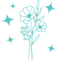 Cute line art bouquet with glitter around it, drawn in teal