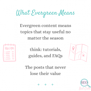 Evergreen content explained with SEO But Cute branding — what evergreen means and why timeless topics stay useful year-round