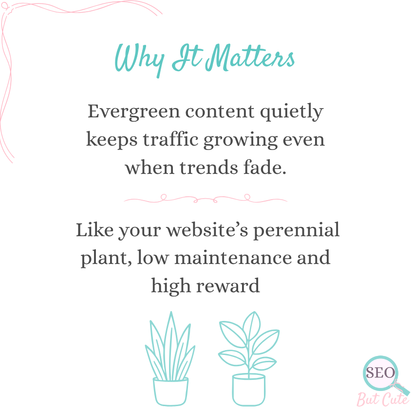 Why evergreen content matters for SEO, comparing it to a perennial plant that keeps growing with low maintenance and high reward.