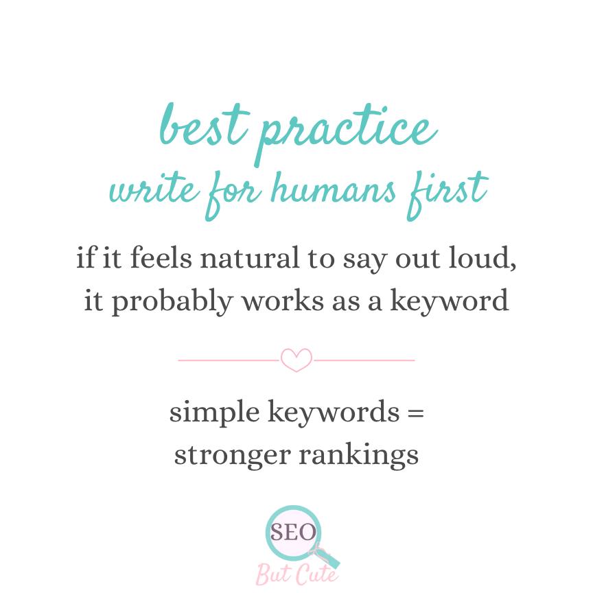 graphic with teal headline reading "best practice. write for humans first. if it feels natural to say out loud, it probably works as a keyword. simple keywords = stronger rankings"
