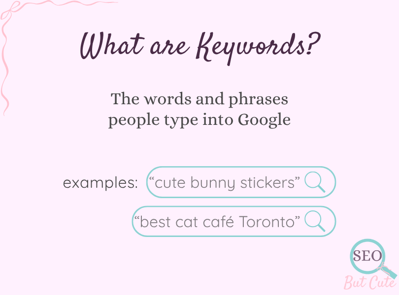 Pastel pink graphic explaining what keywords are with examples like ‘cute bunny stickers’ and ‘best cat café Toronto.’